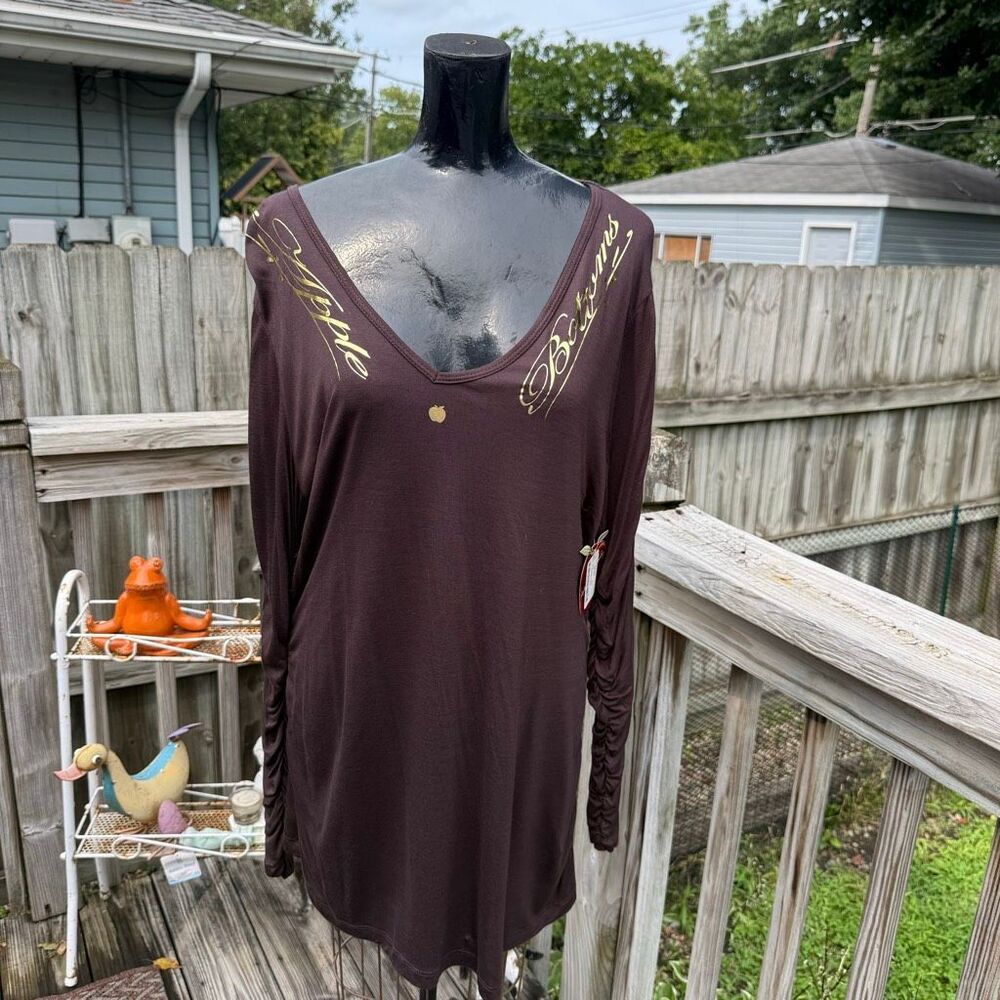 NWT Apple Bottoms Brown Gold Logo Ruched Long Sleeve Tunic Top Size 1X